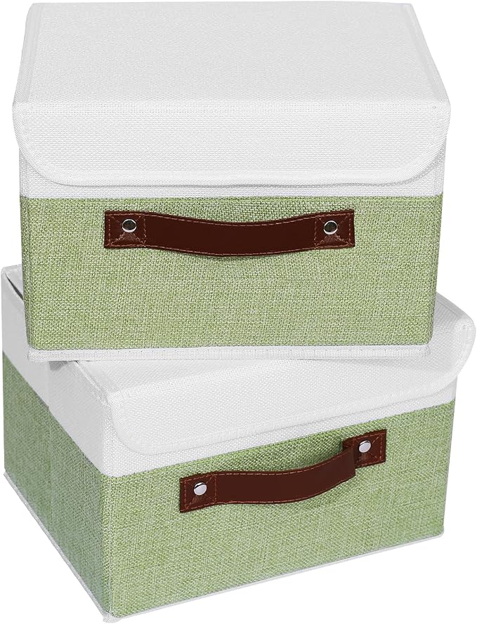 ANMINY Fabric Storage Box Bins with Lids, Green White, 10"x8"x7", 2 Pack | Keepsake Memory Storage, Cotton Linen, PP Board Reinforced, Washable, PU Handles, Foldable & Stackable, Decorative, Small