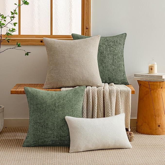 a moment Moss Green Chenille Throw Pillow Covers 16x16 Inch Pack of 2 Modern Decorative Throw Pillow Covers Farmhouse Cross Covers Home Decor for Sofa Bedroom Living Room