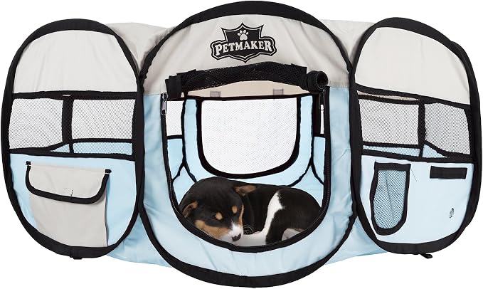 Pet Playpen - 33x15 Pop-Up Dog Kennel with Carry Bag - Portable Play Pen for Dogs, Cats, Rabbits, and Small Animals up to 25lbs by PETMAKER (Blue)