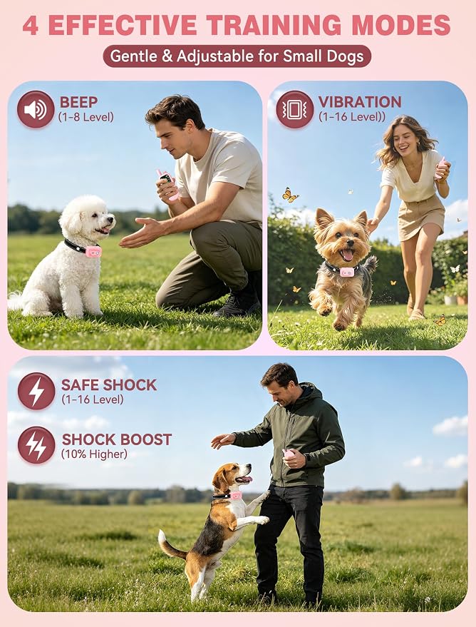 Small Dog Shock Collar with Remote - Specially Designed for Small Dogs 5-15 lbs, 5-30 lbs Puppies, Ultra-Light 0.92 Oz Dog Training Collar with Safe Beep Vibration Shock, IP67 Waterproof, Pink