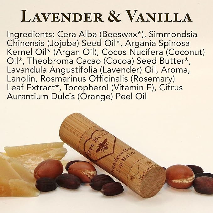 Bee Bella Lip Balm, Lavender Vanilla, 3 Pack - Moisturizing Lip Care, 100% Natural, Original Organic Beeswax with Vitamin E, Handmade in USA, Gift