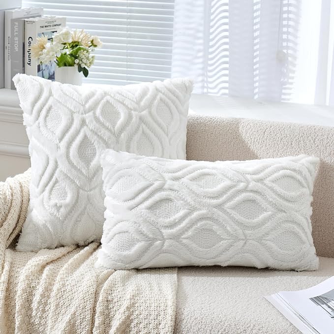 MIULEE Pure White Soft Plush Faux Wool Throw Pillow Covers 16x16 | Set of 2, Farmhouse Boho Home Decor, Decorative Cushion Covers for Sofa, Living Room, Bed