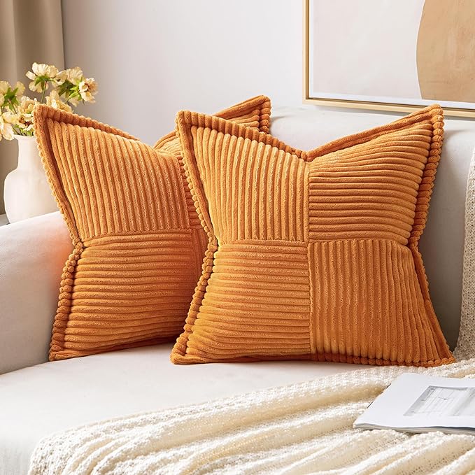 MIULEE Fall Burnt Orange Decorative Throw Pillow Covers 18x18 Inch 2 Pack | Boho Broadside Striped Patchwork Pillow Covers, Soft Corduroy Cushion Cases, For Couch Sofa Bed Livingroom Home Decor