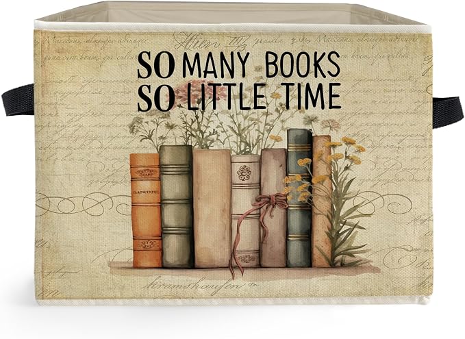 Vintage Floral Bookish Storage Box Bins, So Many Books So Little Time Collapsible Storage Basket Organizer for Reading Room Corner Nook Library Girls Bedroom Home Clothes Books