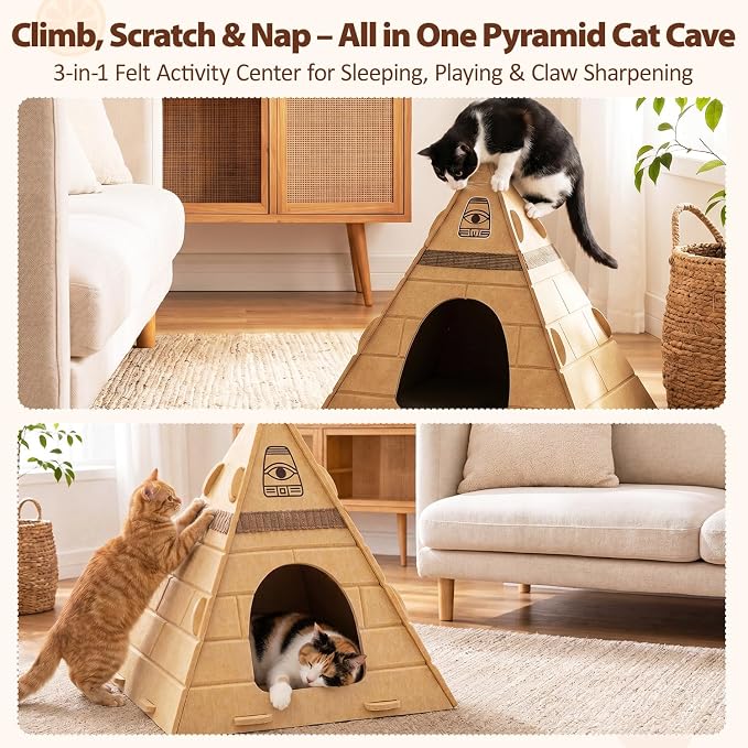 Cat Cave, Pyramid Felt Cat Scratch House for Indoor Cats | Scratch-Resistant & Foldable Cat House, Calming Kitten Sleeping Hideaway, Pharaoh Headdress Included, 17x17x20 inch