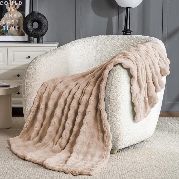 Brown Faux Fur Throw Blanket for Couch, Soft Fluffy Bubble Blanket for Bed Sofa, Thick Warm Plush Fuzzy Rabbit Fur Blanket for Neutral Home Decor, 50"X 60"