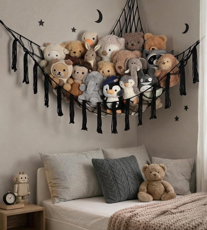Stuffed Animal Storage Hammock or Net Corner - Large Toy Hammock Net for Stuffed Animals Room Decor - Cute Stuff Animal Organizer Plush Holder - Kids Baby Nursery Essentials Wall Bedroom Home Decor