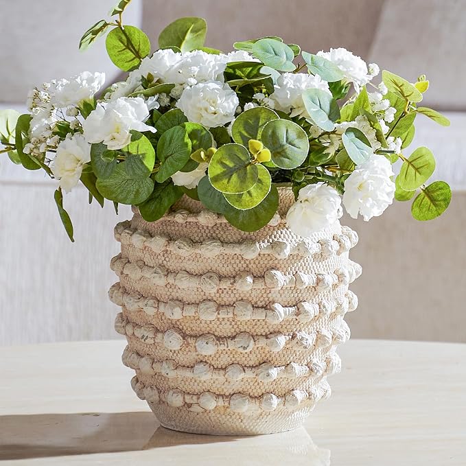 DN DECONATION Beige Flower Vase, 8.2" Farmhouse Boho Vase for Home Decor | Textured Rustic Vase, Cement Decorative Vases with Rope Knots for Living Room, Table Centerpiece, Shelf, Mantel Decoration