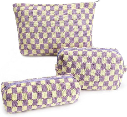3 Pcs Makeup Bag Checkered Cosmetic Bag Large Capacity Traveling Toiletry Pounch Organizer Cute Makeup Brushes Aesthetic Accessories Storage Bag for Girls Women (Purple-White)