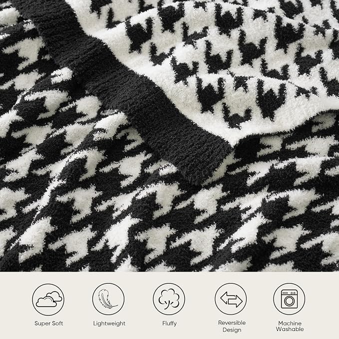 Snuggle Sac Houndstooth Throw Blanket for Couch, Reversible Super Soft Warm Blankets Cozy Knit Fuzzy Plush Lightweight Throws for Sofa, Bed, Camping, Black,50x60 inches