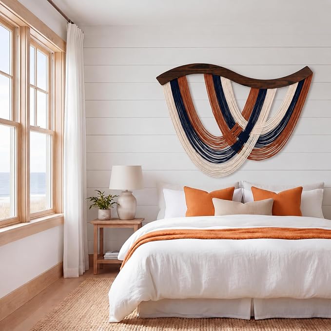 Mindsoft Terracotta Navy White Macrame Wall Hanging Dip Dyed Yarn Wall Art | Handmade Cotton Rope Tapestry for Bedroom, Living Room, Nursery, 31.5 x 23.6 Inch