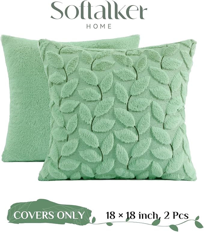 Softalker Spring Summer Throw Pillow Covers 18 x 18 Inch Set of 2, Green Leaves Soft Plush Faux Fur Cushion Covers, 3D Embroidered Pillow Cases for Couch Bedroom Living Sofa Room Home Decor, Sage