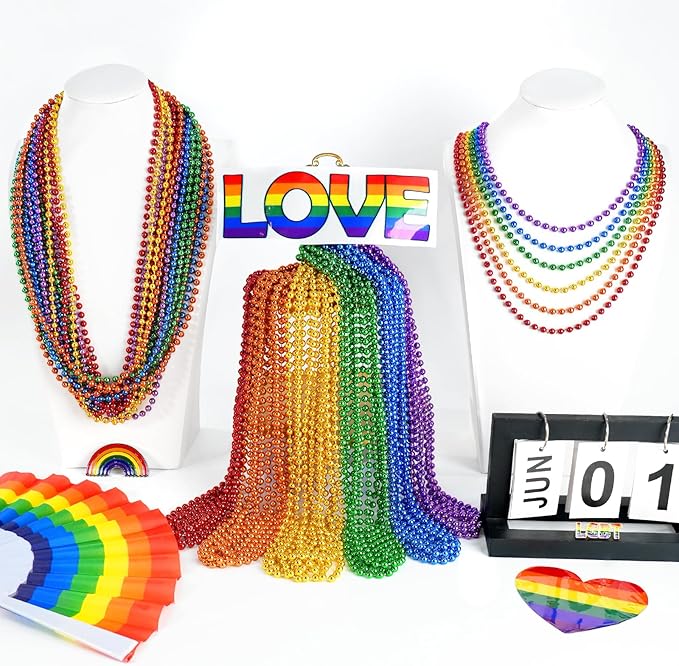 SHAOQINLIN 12 PCS Pride Beads Necklaces, Pride Necklace Accessories, Rainbow Beads Necklaces Bulk, Gay Lesbian Pride Month Parade Throws Pride Party Favors in 6 Colors