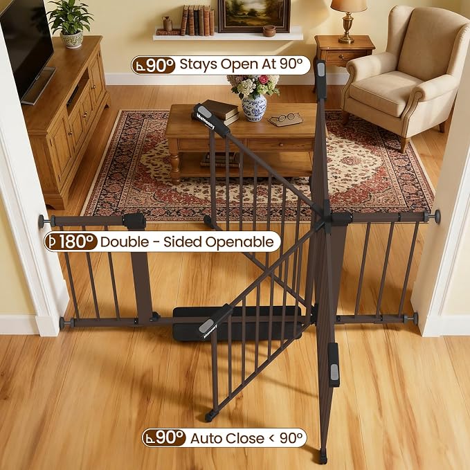 Mumeasy 29.7-48" Baby Gate for Stairs, Pressure Mounted Dog Gate for Doorways, Extra Wide Walk Thru Safety Pet Gate for Doors with Auto Close, Easy Install Child Gate for Hallway Indoor House, Brown