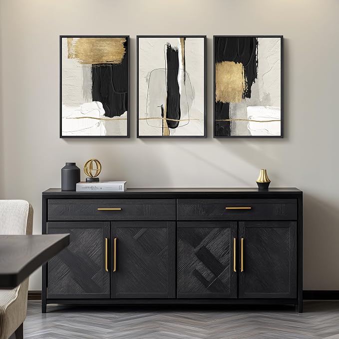 Framed Black and White Abstract Wall Art, 3 Piece Canvas Prints Paintings Artwork for Walls, Modern Minimalist Gold Beige Block Pictures for Living Room Hallway Office Wall Decor 16x24 Inch