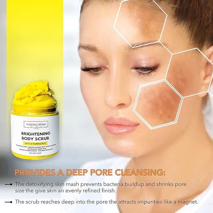 Turmeric Body Scrub for Smooth, Radiant-Looking Skin – Natural Exfoliating Sugar Scrub with Turmeric – Gentle Body Care for Dull, Uneven-Looking Skin – 10 oz – PureBellissimo