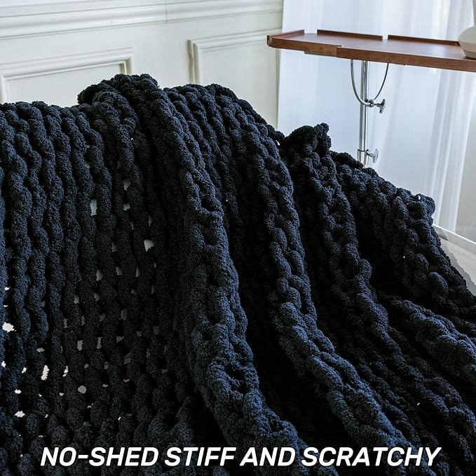 Chunky Knit Blanket - Luxury Soft Cozy 80 * 90 Throw Blanket,100% Woven Blanket Rope Knot Throw Blanket for Couch, Sofa, Home Decor, Gift - Machine Washable (Black, 80 * 90)
