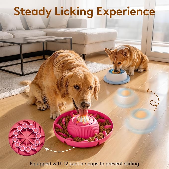 Slow Feeder Dog Bowls 2 in 1 Liquid Treat Dog Lick Mat Bowl – Anti Slip 5‑Cup Large Capacity Liquid and Kibble Food Treat Dispenser for Slowing Down Eating for Large Medium Small Dogs and Cats (Pink)
