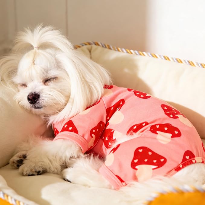 Dog Pajamas Summer Cute Print Puppy Jumpsuit Thin Dog Onesie Small Dog Clothes with Comfy & Elastic Frbic Puppy Pjs(Peach Mushroom, Large)
