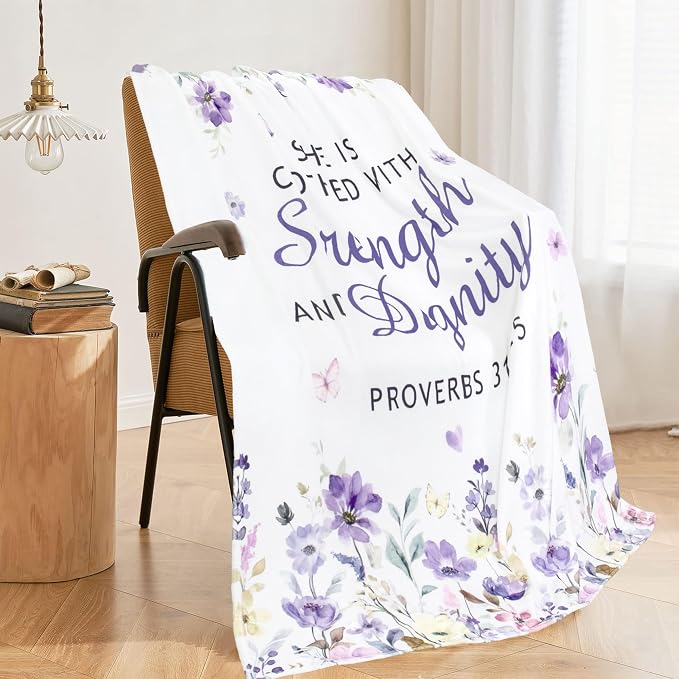 Christian Gifts Blanket Birthday Gifts for Women Throw 50"x60" | Religious Inspirational Birthday Gifts for Women, Strength & Dignity Encouraging Bible Verse Proverb Throw Blanket