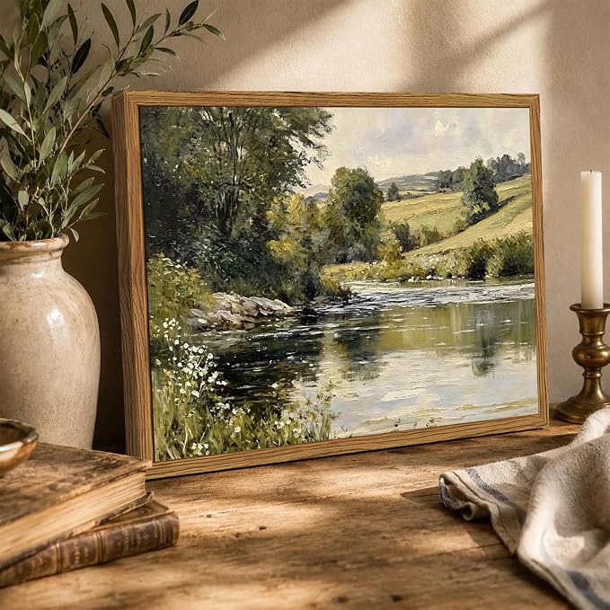 Framed Vintage Landscape Wall Art, Country Nature River Pictures Wall Decor, Rustic Field Paintings Canvas Prints Farmhouse Home Decor Aesthetic for Living Room Bedroom Bathroom 8x10 inch