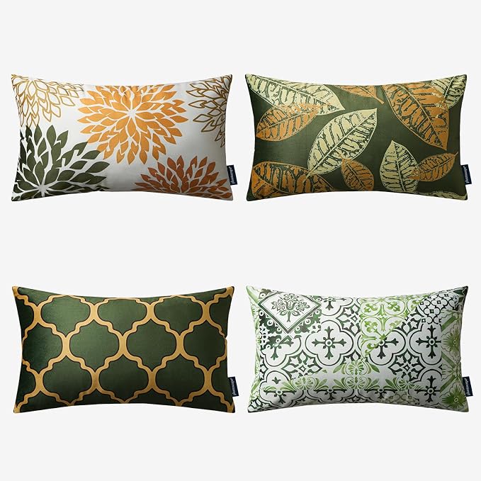 Phantoscope Set of 4 New Living Series Leaf Geometric Throw Decorative Velvet Pillow Cover Cushion Cover, Dark Yellow and Green 12 x 20 inches 30 x 50 cm
