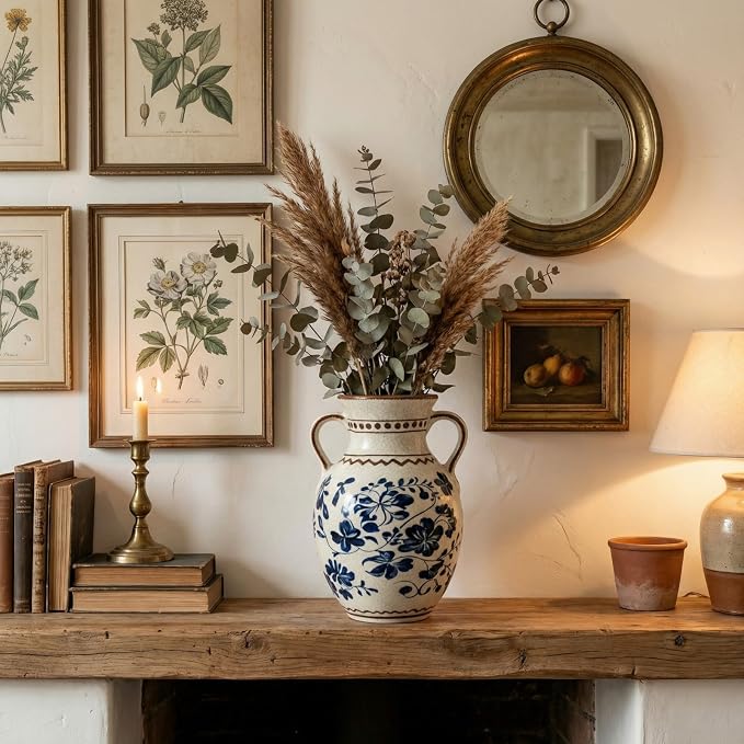 EFISPSS Ceramic Vintage Vase,Spring Decor Unique Chinese Crackle Floral Handle for Dining Room Mantle Living Room,Blue