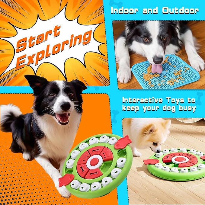4 in1 Dog Puzzle Toy Set - Slow Feeder & Lick Mat for Puppy IQ Training & Mental Stimulate Treat Dispensing Ball | Pet Enrichment Interactive Toy (4 in 1 Blue+Green)