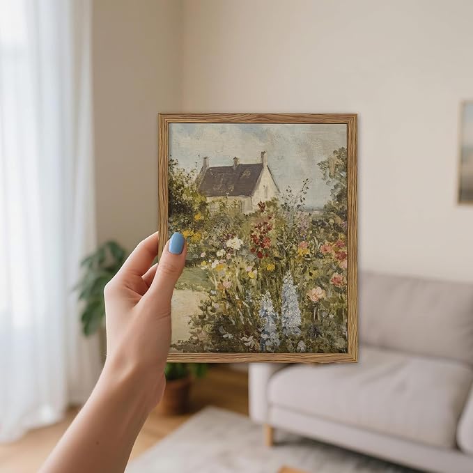 Vintage French Country Cottage Framed Canvas Wall Art – Impressionist Flower Garden Oil Painting Print, Rustic Floral Landscape Decor for Living Room Bedroom Nursery Office 8x10 inch