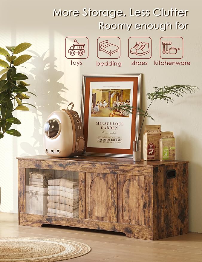 Storage Chest, Wooden Toy Box, Rustic Brown 47.2" L | Entryway Shoe Bench, 2 Soft-close Hinges, Finger-safe Flip-Top Lid, Easy Assembly, Farmhouse Large Trunk, Living Room/Bedroom
