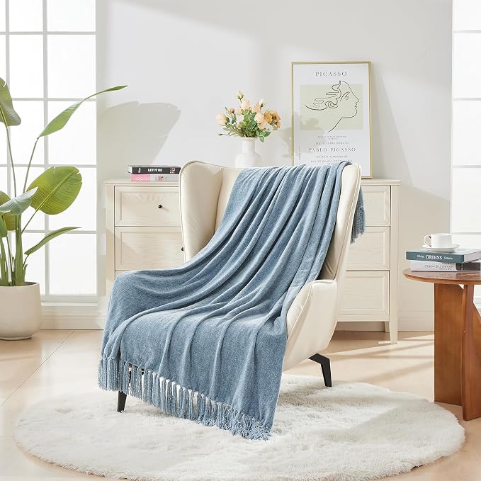 CozeCube Chenille Throw Blanket, Dusty Blue Fringe Blanket, 60"X80" | For Couch, Cozy Plush Fuzzy Decorative Blanket with Fringe Tassels, Lightweight Throws for Bed Sofa Gift Home Decor