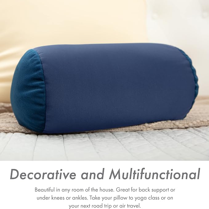 Microbead Bolster Neck Roll Pillow, Gently On Body, Head, Neck & Shoulders No Pain Rest, Relax Sleep - Silky Feel Prevent Wrinkles & Hair Breakage - Lightweight Cylinder Tube, 14" x 8", Peacock Blue