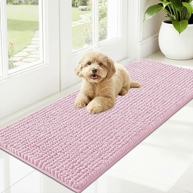 OLANLY Dog Door Mat for Muddy Paws 47x20, Extra Absorbent Chenille Mud Mat | Dusty Rose, Absorbs Moisture and Dirt, Non-Slip Machine Washable Doormat, Quick-Drying Indoor Entryway Floor Mat for Dogs