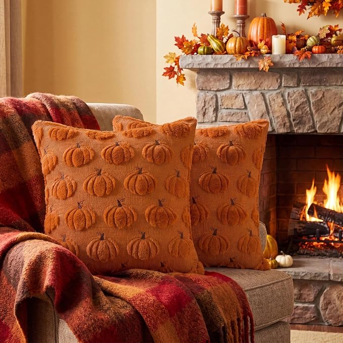 Softalker Fall Throw Pillow Covers 20x20 Set of 2 Rust Plush Pumpkin Covers | Double-Sided burnt orange with raised pumpkin embroidery, designed for living rooms, bedrooms, and Autumn home decor.