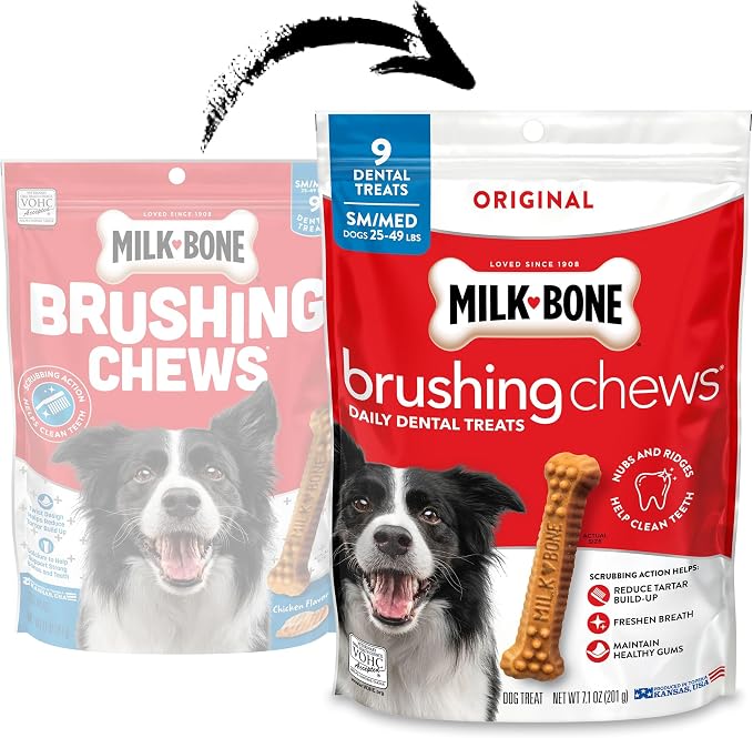 Milk-Bone Brushing Chews, Small/Medium, Original Flavor, 45 Dental Treats | 5 (9-count) bags, Daily dental dog treats, For dogs 25-49 lbs., Original chicken flavor