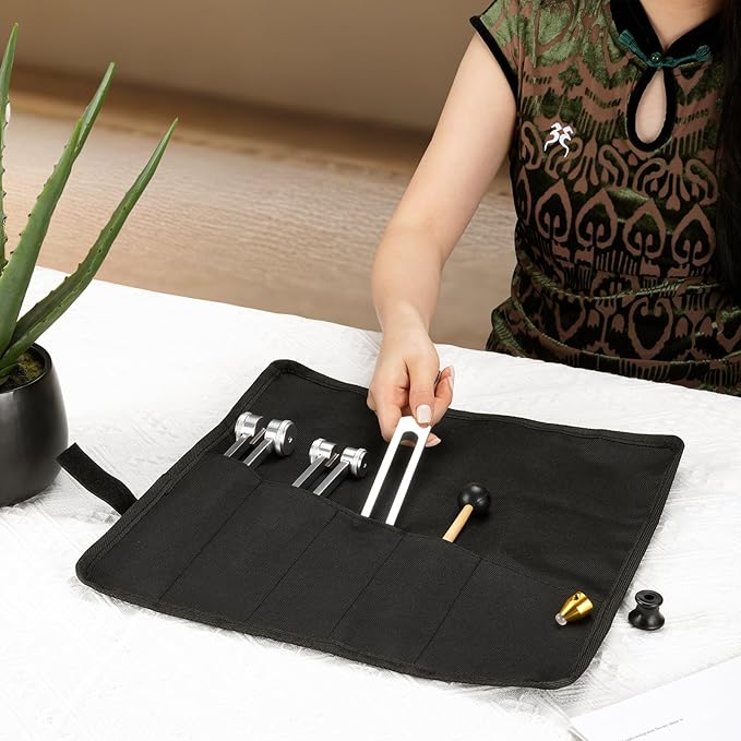 Tuning Forks for Healing Set (128Hz, 256Hz, 512Hz), with Percussion Hammer Mallet, Crystal Base & Storage Pouch, Sound Therapy Instrument for Chakra/Yoga/Meditation