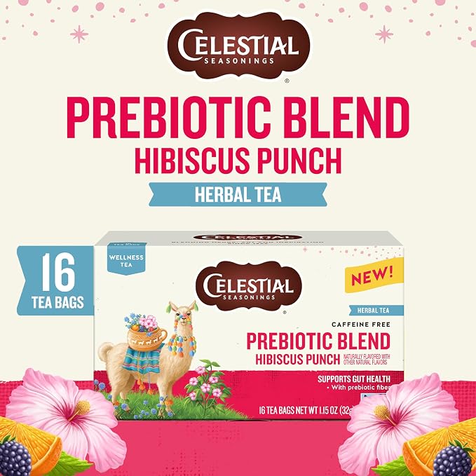Celestial Seasonings Hibiscus Punch Prebiotic Blend Wellness Tea, Caffeine Free Herbal Tea for Gut Health & Digestive Support, 16 Tea Bags