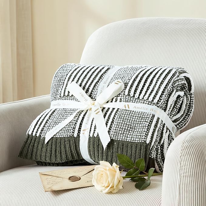Knit Throw Blanket, Soft Chenille Cozy Breathable Dual Tone Checkered Chunky Decorative Blanket for Couch, Bed & Sofa, French-Inspired Lightweight Warm Gift for Women, Olive Green, 60"x80"