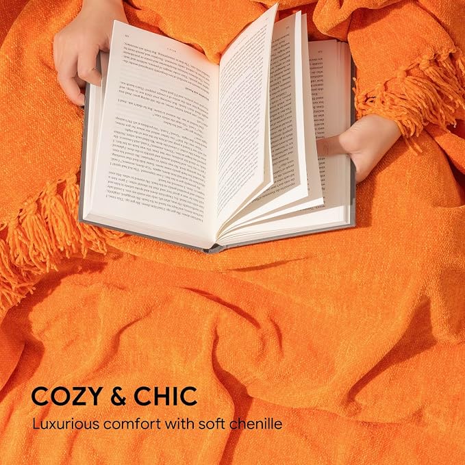 RECYCO Chenille Throw Blanket for Couch, 50"x60", Orange | Super Soft Knit Throw Blanket with Fringe Tassels, Lightweight Knitted Throw, Cozy, Ideal for Sofa Chair Bed Living Room Gift