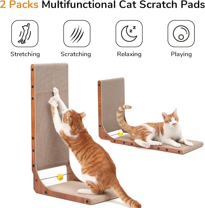 FUKUMARU Cat Scratcher for Indoor Cats, 26.8 Inch Cat Scratch Pad L Shaped | 2 Packs Cardboard Cat Scratcher, Vertical Cat Scratching Board with Ball Toy, Walnut Color