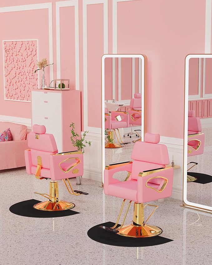 Baasha Pink and Gold Reclining Salon Chair with Removable Headrest, Heavy-Duty Barber Chair with Steel Frame, Elegant Design, 440 lbs Capacity