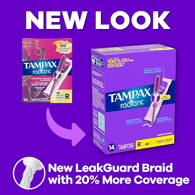 Tampax Radiant Tampons for Women,with LeakGuard Braid,Regular Absorbency,Unscented,84 Count (Pack of 2)