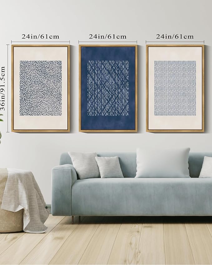 Drsoum Blue Mid-Century Modern Framed Wall Art Large 24x36in Minimalist Abstract Boho Wall Decor Geometric Artwork Kitchen Dining Room Black Framed