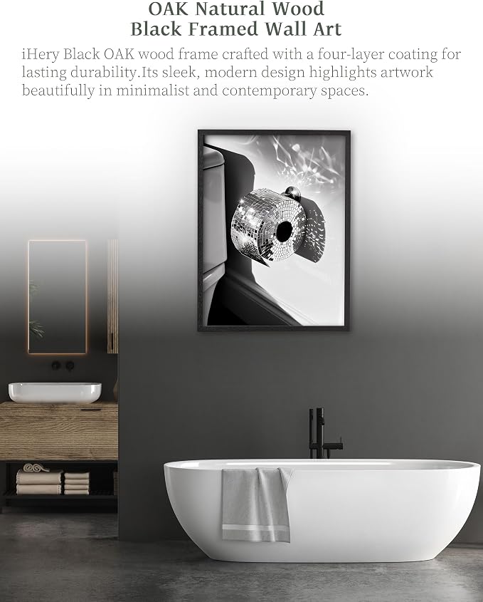 iHery 12x16in Disco Ball Toilet Paper Framed Bathroom Wall Art | Premium Black OAK Wood Frame with Canvas Print, Funny Black and White Decor for Bathroom, Powder Room Guest Bathroom 1Pack
