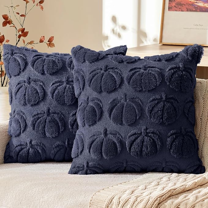 MIULEE Fall Pillow Covers Pumpkin Fall Decor 18x18 Navy Blue | Set of 2 Fall Decorations for Home, Plush Faux Fur Farmhouse Accent Pillowcases, Porch Sofa Couch Cushion Bed Livingroom