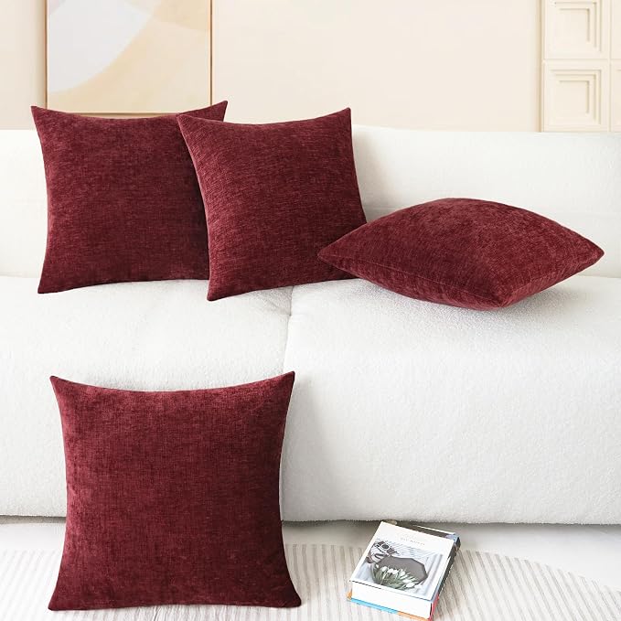 CaliTime Decorative Couch Throw Pillow Covers 18 X 18 Inches Burgundy | Pack of 4, Cozy Chenille Cushion Cases for Sofa Bed Living Room Farmhouse Home