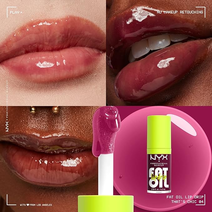 NYX PROFESSIONAL MAKEUP Fat Oil Lip Drip, Moisturizing Lip Oil Gloss, Vegan Tinted Formula, Up to 12 HR Hydration - That's Chic (Deep Berry)