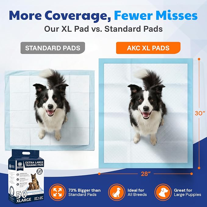AKC Dog Training Pads, Unscented, XL 28" x 30", 50 Count | Unscented dog pee pads help control odors with ultra absorbent quick-dry gel, leakproof layers and potty training protection.