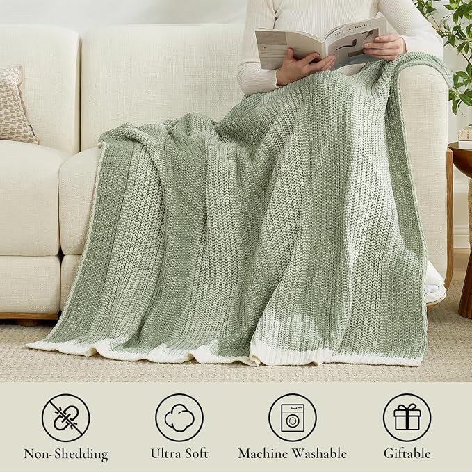 Checkered Chenille Throw Blanket, Soft Cozy Luxury Classic Knitted Blanket for Sofa, Couch, Bed, Living Room, Lightweight Warm Home Decor (Two-Tone Sage Green, 60" X 80")