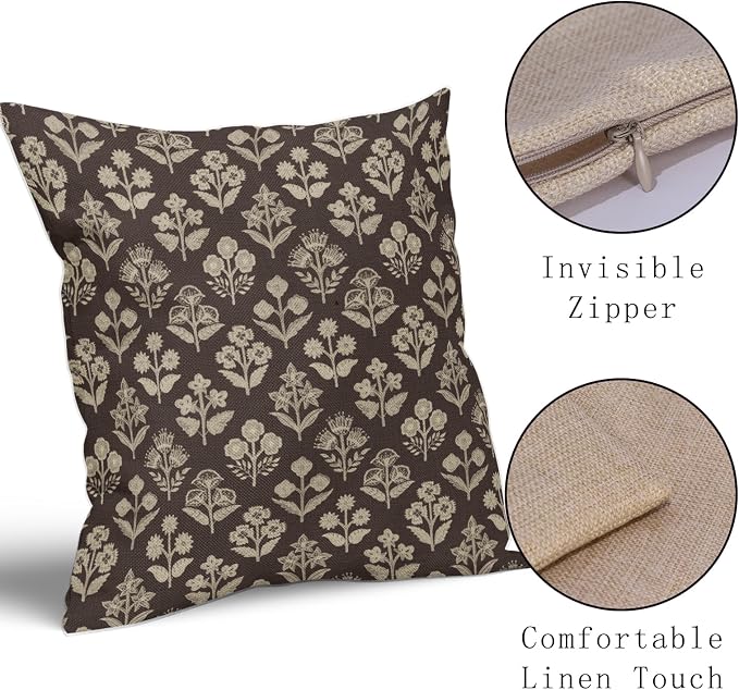 Dark Brown Floral Block Print Pillow Covers 20x20 Inch Set of 2, Vintage Flower Pattern Decorative Throw Pillowcases Outdoor Farmhouse Cushion Covers Spring Summer Rustic Sofa Couch Bed Decor